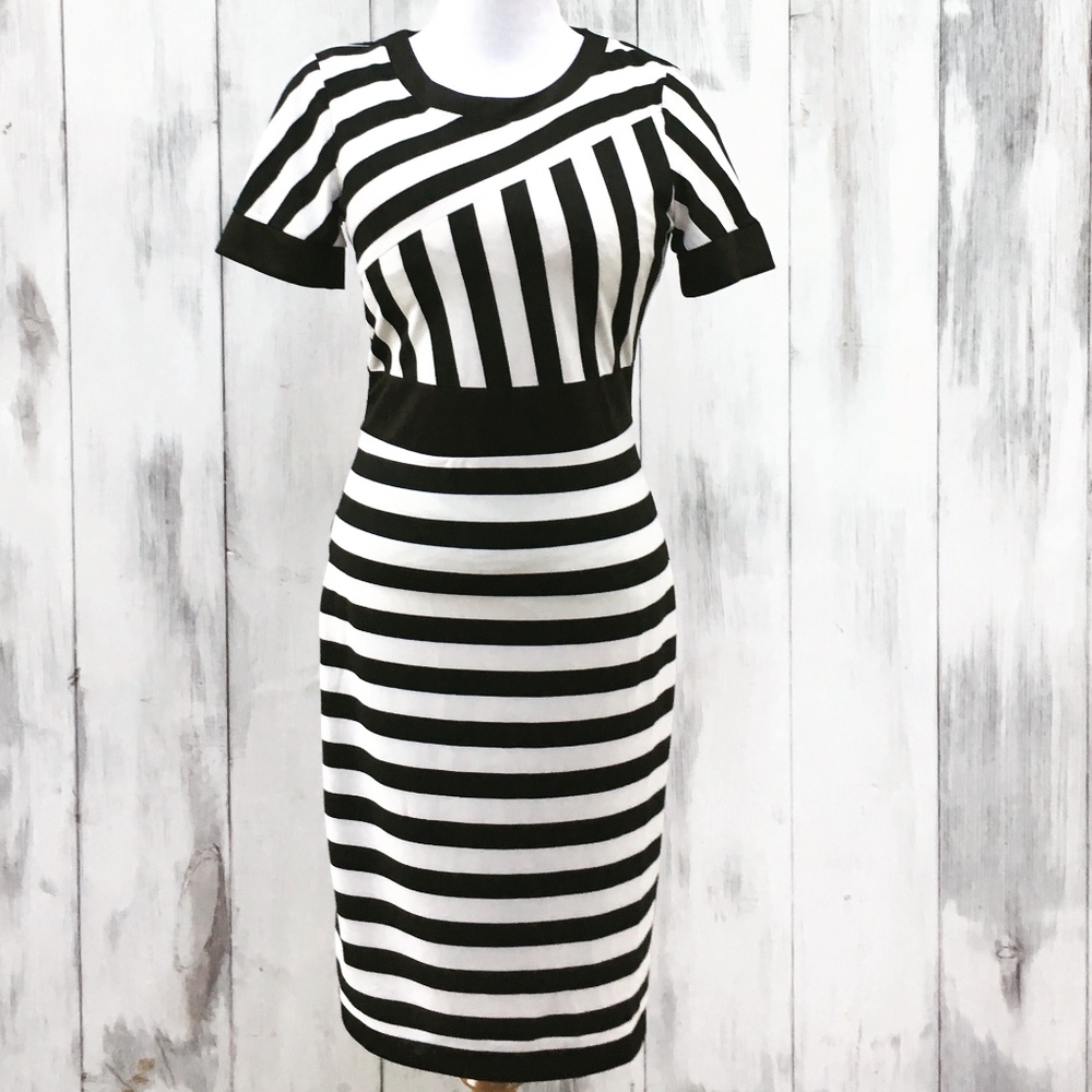 Black & White Striped Short Sleeve Sheath Dress